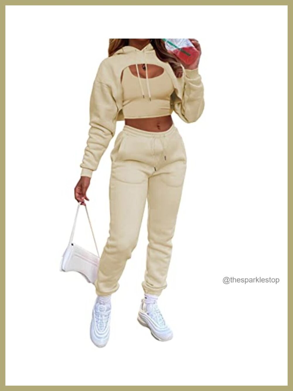 Women 3 Piece Sweatsuit Set Long Sleeve Crop Hoodie Tank Jogger Pants